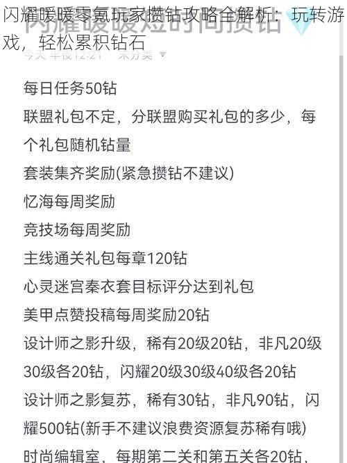 闪耀暖暖零氪玩家攒钻攻略全解析：玩转游戏，轻松累积钻石